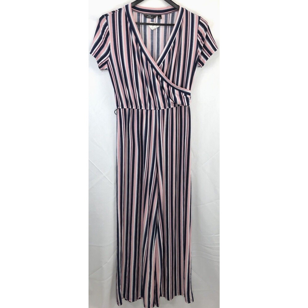 NWT Mlle Gabrielle Jumpsuit L Pink Blue Stripe Mock Wrap V-Neck ShortSleeve